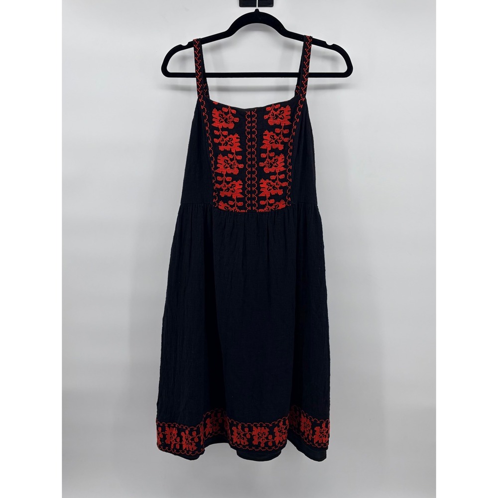 ModCloth‎ Black Red Floral Embroidered Gauze Tie Back Midi Dress Medium